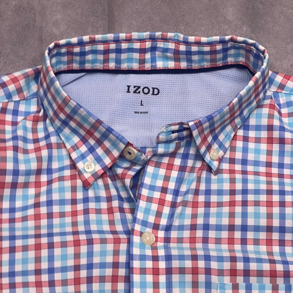 IZOD Button Down Shirt Mens Large Blue Red Plaid Short Sleeve Excellent Pocket